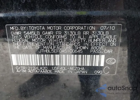 2010 Lexus Ls 460 from USA, damaged, VIN JTHBL5EF0A5100645